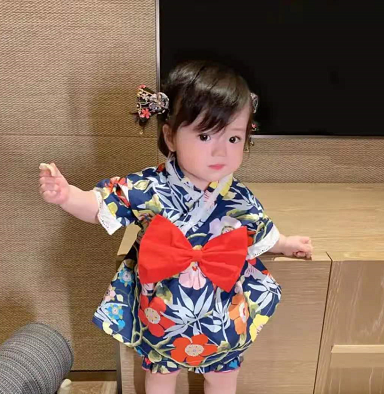 和服版女童大蝴蝶结睡衣套装